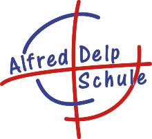 Man sieht rote Linien, die ein Kreuz andeuten, umgeben von blauen und roten Linien. Darin steht: Alfred Delp Schule